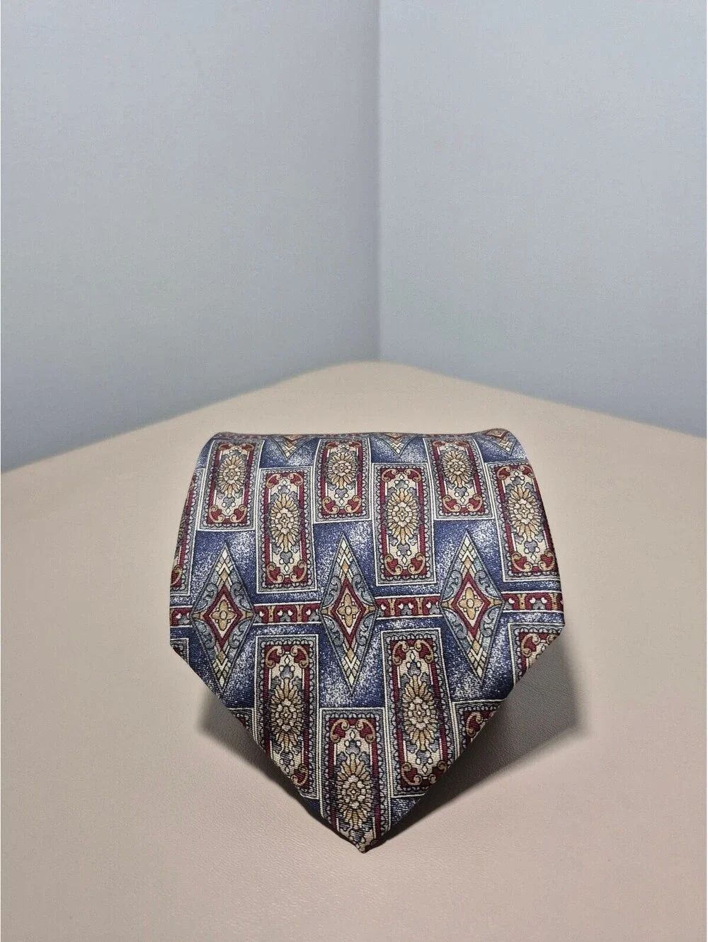 Savile Row 100% Silk Geometric Necktie Blue Burgundy Gold Wide 4 Inch Vintage